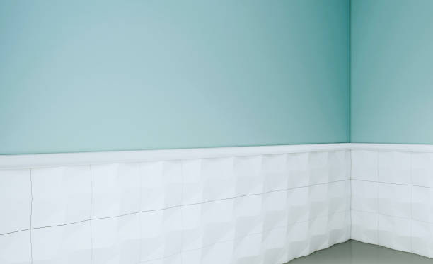 istock Empty bathroom interior with blue walls and white tiles. 3D rendering. Mockup 1131367297