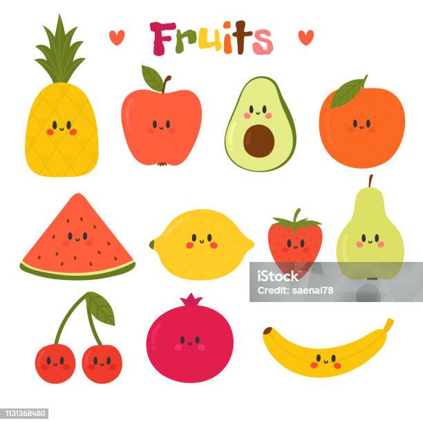 Cute Hand Drawn Kawaii Fruits Healthy Style Collection Flat Style Vegetarian Food Cartoon Stock Illustration - Download Image Now