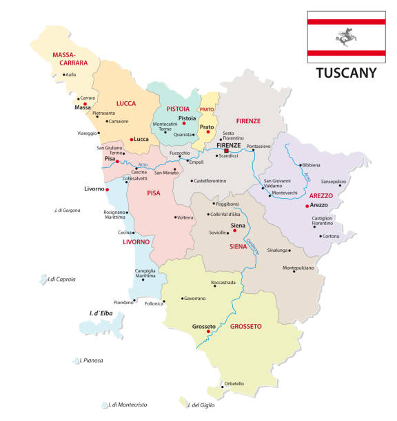 illustrations, cliparts, dessins animés et icônes de carte administrative et politique toscane avec le drapeau - siena province