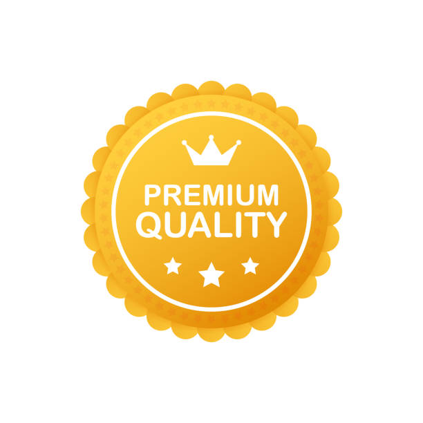 Gold premium quality rosette with red ribbon on white background. Vector illustration. Gold premium quality rosette with red ribbon on white background. Vector stock illustration. red crown logo stock illustrations