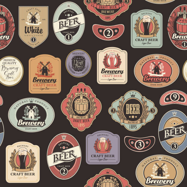 ilustraciones, imágenes clip art, dibujos animados e iconos de stock de patrón de vectores sin costuras con varias etiquetas de cerveza - cerveza tipo ale