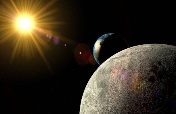 istock lens flare, yellow light, earth behind the moon 1131375021