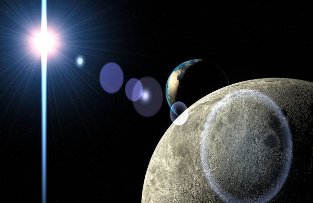 istock lens flare, blue light, earth behind the moon 1131375032