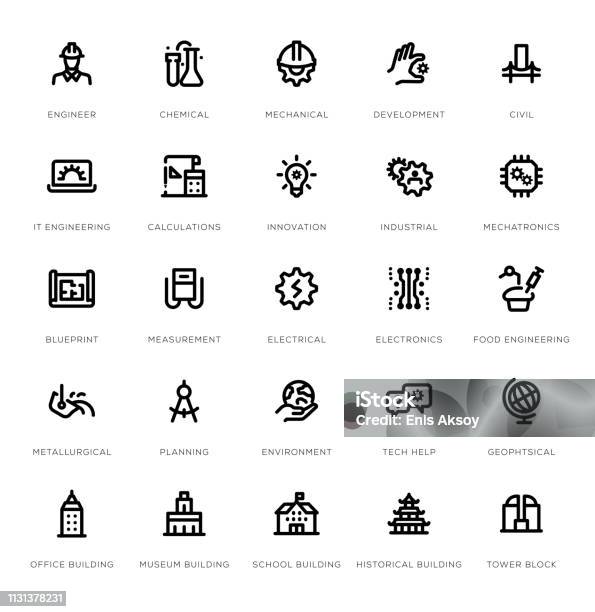 Engineering Line Icon Set Stock Illustration - Download Image Now - Icon Symbol, Engineer, Civil Engineer