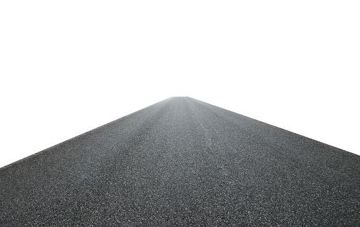 Infinity center straight perspective asphalt road isolated on white background with clipping path.Straight asphalt road isolated on white background with clipping path.