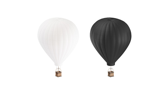 Blank black and white balloon with hot air mockup set, isolated, 3d rendering. Empty airship with gasbag mock up. Clear ballon for adventure or expedition. Transportation on large dirigible template.