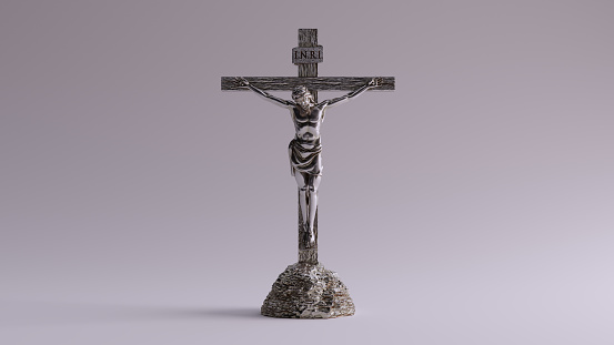 Silver Jesus Christ on the Cross with a Crown of Thorns Jesus of Nazareth King of the Jews Statue 3d illustration 3d render