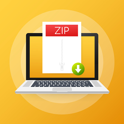 Download ZIP button on laptop screen. Downloading document concept. File with ZIP label and down arrow sign. Vector stock illustration.