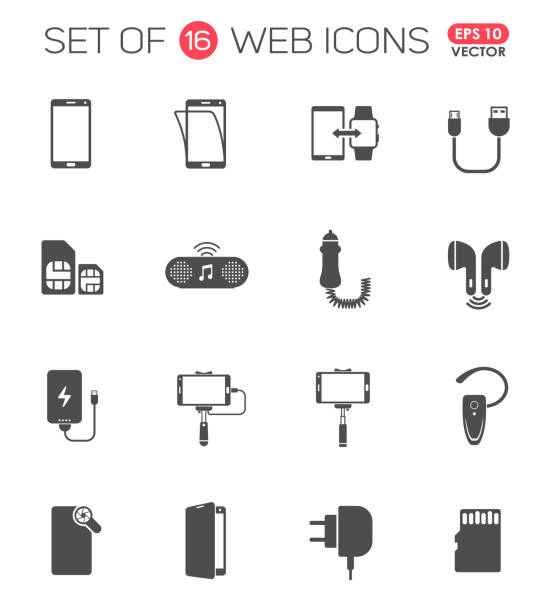 스마트 폰 액세서리 아이콘 세트입니다. 웹, 모바일 및 사용자 인터페이스 디자인에 대 한 스마트 폰 액세서리 벡터 아이콘 - usb cable illustrations stock illustrations