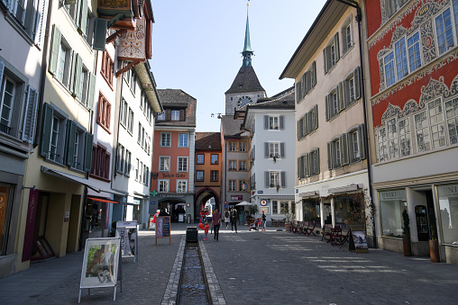 A landscape around Le Palais de I'Île. It is a medieval castle and prison in the middle of the Thiou Canal in Annecy, France.