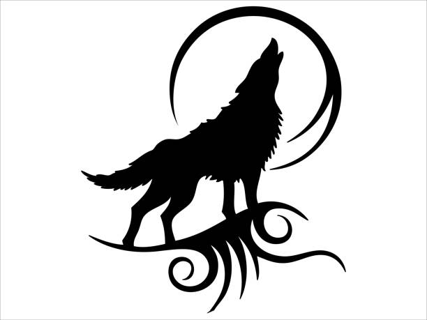 tribal tattoo howling wolf design - wolf stock-grafiken, -clipart, -cartoons und -symbole