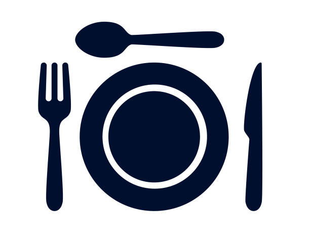 ilustraciones, imágenes clip art, dibujos animados e iconos de stock de cucharada, cuchillo de mesa, tenedor y plato cena conjunto ilustración vectorial - fork