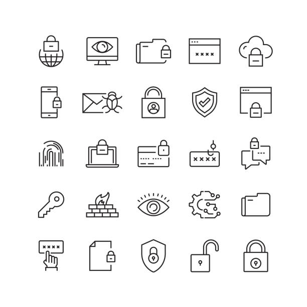 ilustraciones, imágenes clip art, dibujos animados e iconos de stock de iconos de línea vectorial relacionados con la seguridad cibernética - fingerprint lock order accessibility