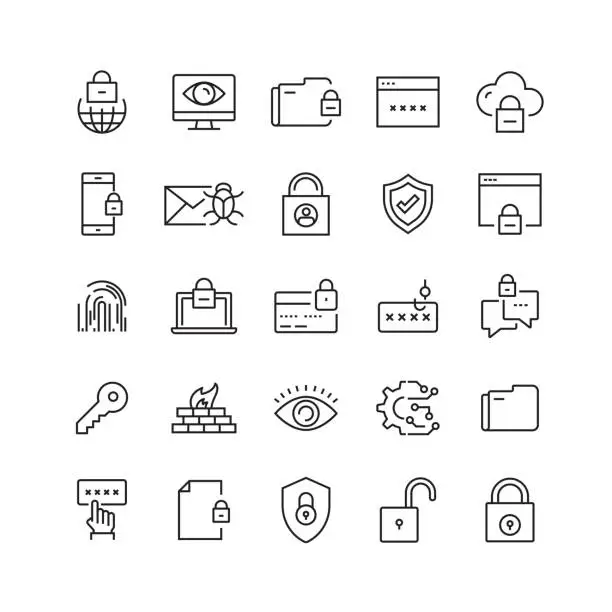 Vector illustration of Cyber Security Related Vector Line Icons