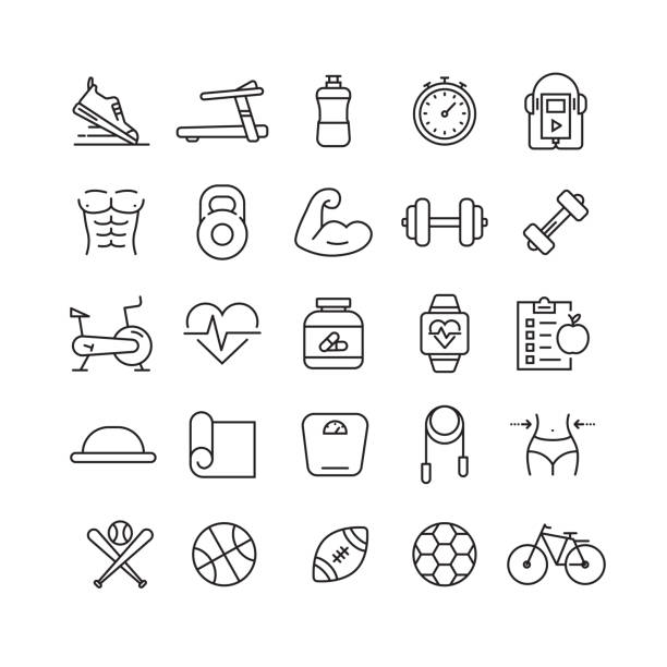 ilustraciones, imágenes clip art, dibujos animados e iconos de stock de iconos de línea vectorial relacionados con fitness y deportes - barbell exercising sport gym