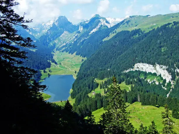Alpine lake Sämtisersee in mountain range Alpstein and the Appenzellerland region - Canton of Appenzell Innerrhoden, Switzerland