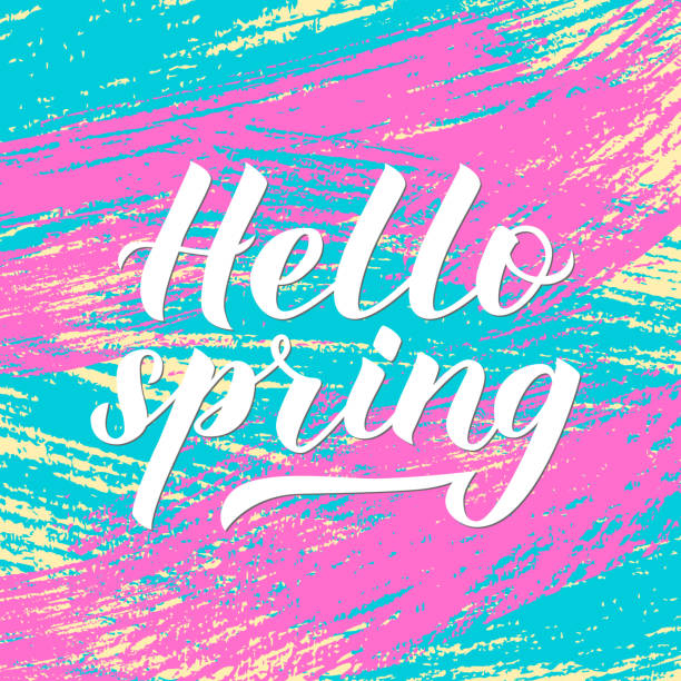 istock Hello spring calligraphy lettering. Bright colorful brush strokes. Inspirational seasonal quote typography poster. Hand written logo design. Easy to edit vector template for banner, flyer, badge. 1131389371