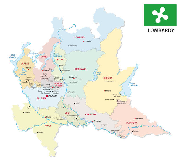ilustrações, clipart, desenhos animados e ícones de mapa administrativo e político de lombardia com bandeira - lombardy