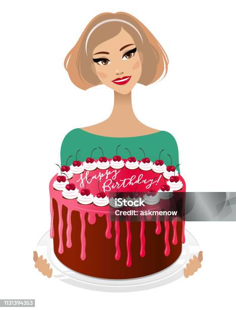 Young Woman With A Birthday Cake Stock Illustration - Download Image Now - Birthday Cake, Illustration, Women