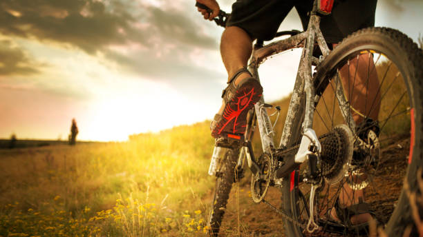 ciclista in sella alla bici giù per la collina rocciosa al tramonto - bicycle pedal foto e immagini stock