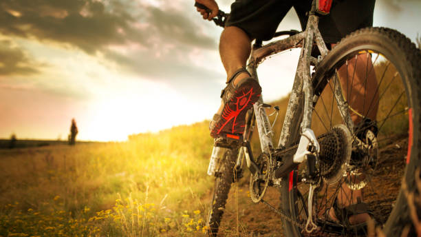 日没時に自転車に乗ってロッキーヒルを下るサイクリスト - bicycle pedal ストックフォトと画像