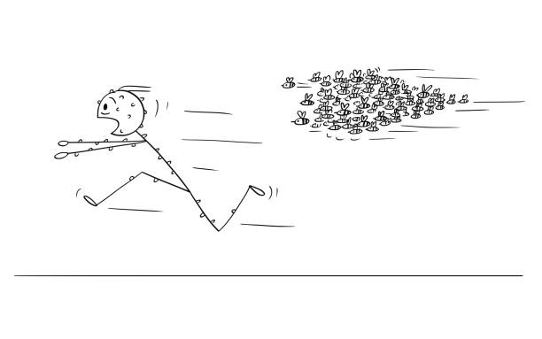 ilustrações de stock, clip art, desenhos animados e ícones de cartoon of man running away from attacking swarm of bees or wasps - swarm of bees