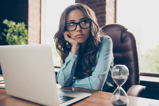 close up photo beautiful she her business lady hands arms hold head chin not satisfied face look up check wall clock running of time all late meeting sit office chair wearing formal wear suit shirt - waiting women clock boredom imagens e fotografias de stock