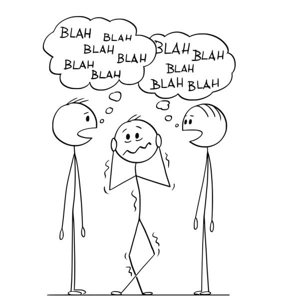 illustrations, cliparts, dessins animés et icônes de dessin animé de l'homme frustré entendant deux conversations d'hommes avec des bulles de discours de blah-blah - senseless