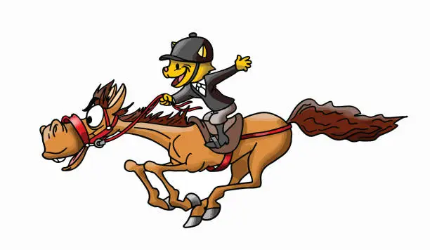 Vector illustration of Cartoon cat riding a brown horse galloping at lightning speed vector illustration