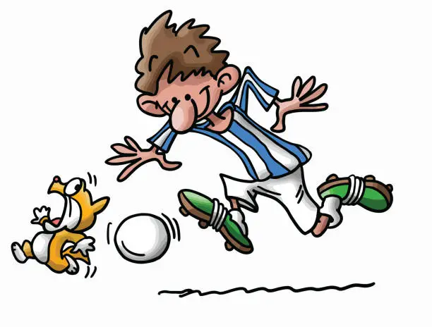 Vector illustration of Cartoon cat and man playing football vector illustration