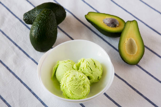 istock Homemade avocado ice cream in a bowl, low angle view. Closeup. 1131397187