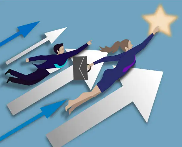 Vector illustration of Businesswoman flying fast on arrow.Vector