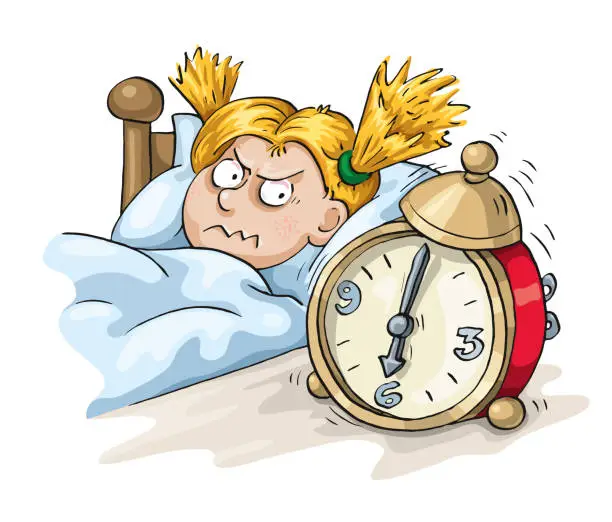 Vector illustration of The early morning alarm clock rings causes stress to the girl