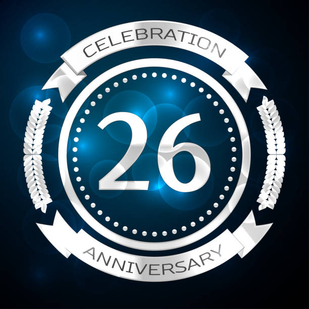 Twenty six 26 Years Anniversary Celebration Design. Silver ring and ribbon on blue background. Colorful Vector template elements for your birthday party