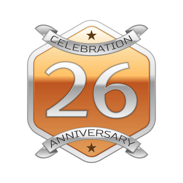 Twenty six 26 Years Anniversary Celebration Design. Silver ribbon and golden hexagonal ornament on white background. Colorful Vector template elements for your birthday party