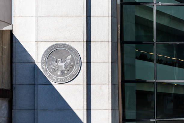 US United States Securities and Exchange Commission SEC entrance architecture modern building closeup sign, logo, glass windows stock photo