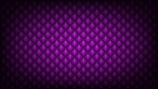 Bright purple Mardi Gras background. Fleur-de-lis symbol at quilted backdrop. Royal, luxury texture.