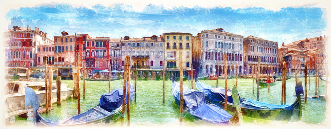 Gondolas on the Grand Canal, digital imitation of watercolor painting. Colorful facades of old medieval houses in Venice, Italy.