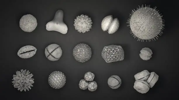 3d illustration of many different pollen bodies in black and white