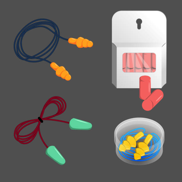 Noise, dust, water protection ear plugs of different construction. Noise, dust, water protection ear plugs of different construction. Vector illustration set of silicone and foam earplugs for medical use, airplane, sleep, gun shooting, pool swimming, hard working. swimming protection stock illustrations