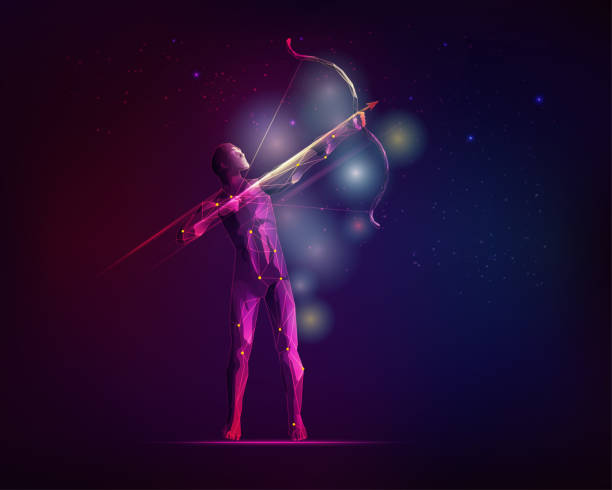 orion graphic of an archery with the galaxy stars background, concept of Orion emblem orion mythology stock illustrations