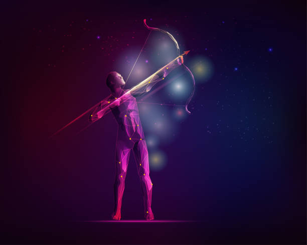 orion graphic of an archery with the galaxy stars background, concept of Orion emblem orion stars stock illustrations