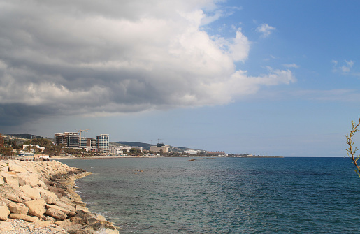 Panoramic view of the Mediterranean sea and the sky with clouds from the Limassol seafront in February