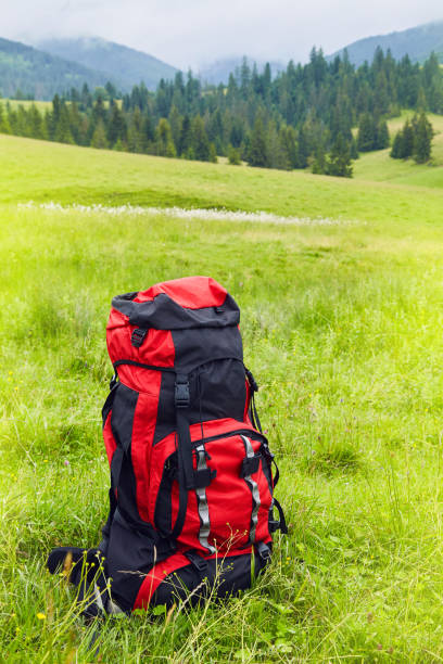 istock Travel backpack on the mountain  landscape view background. 1131414735