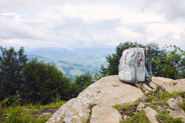 istock Gray backpack with a plastic bottle of drinking water on top of a mountain 1131414939