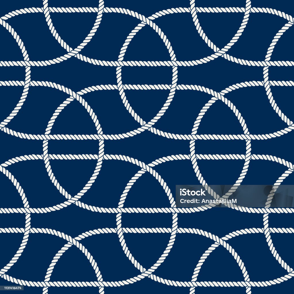 Seamless nautical rope pattern, white on dark blue Seamless nautical rope pattern. Endless navy illustration with white loop ornament. Decorative geometric lines on dark blue backdrop. Trendy nautic maritime style. For fabric, wallpaper, wrapping Abstract stock vector