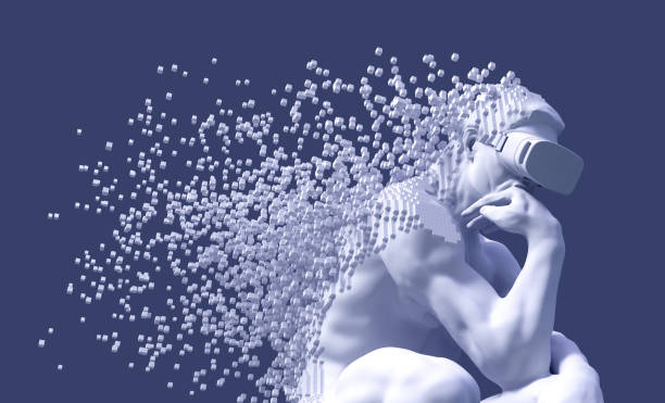 istock Fragment Of Sculpture Thinker With VR Glasses Desintegrated Into 3D Pixels On Blue Background 1131418239