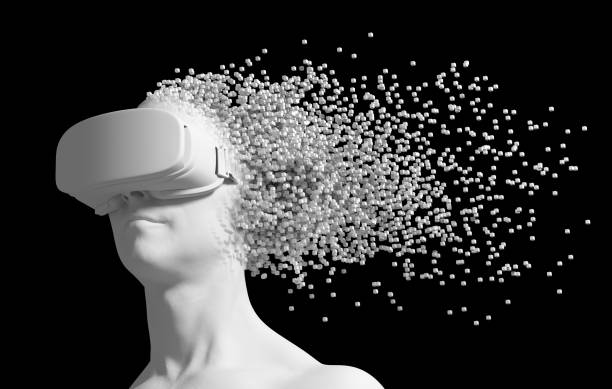 istock Man Wearing Virtual Reality Glasses Disintegrates On 3D Pixels Isolated Over Black Background 1131418272