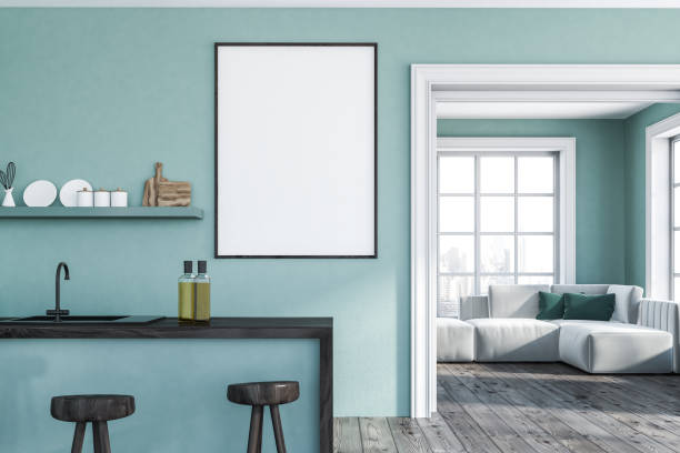 istock Blue kitchen bar with poster, living room 1131418296