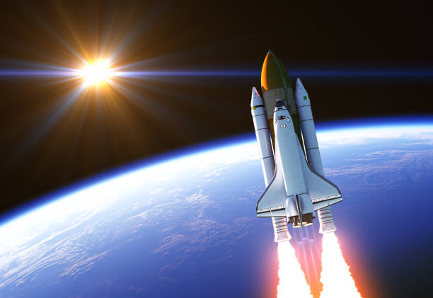 space shuttle in the rays of sun - rakete stock-fotos und bilder